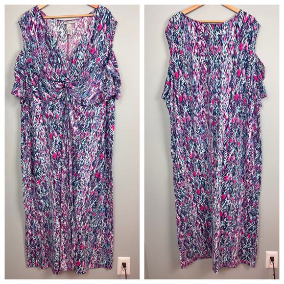 Catherines Women 4X Plus Cold Shoulder Maxi Dress Geometric Resort Vacation Boho - Picture 9 of 9